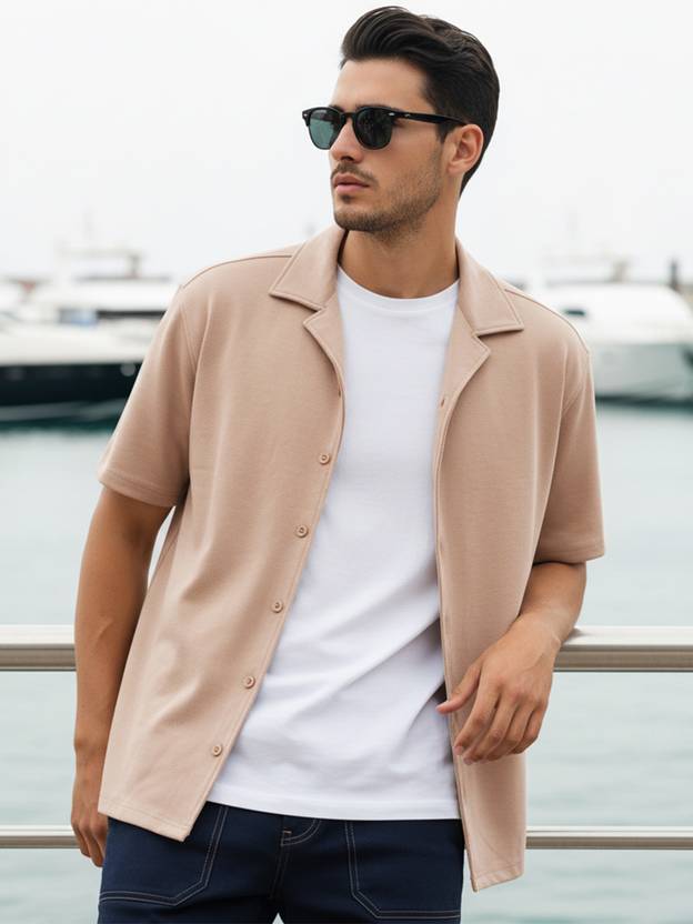 Men Oversized Fit Solid Spread Collar Casual Shirt