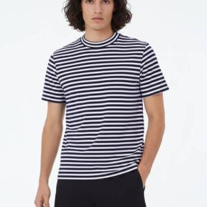 Men Striped Round Neck Polyester Blue T-Shirt