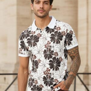 Men Printed, Floral Print Polo Neck Pure Cotton White T-Shirt