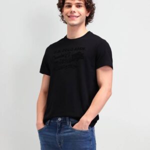 Men Graphic Print Round Neck Pure Cotton Black T-Shirt
